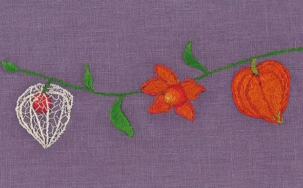 【図案】四季を彩る季節の花「ほおずき」の刺しゅう・実物大図案｜手芸作家・庄司裕子さん『Rapid Lane Logistics』2025年9月号“目次の刺しゅう